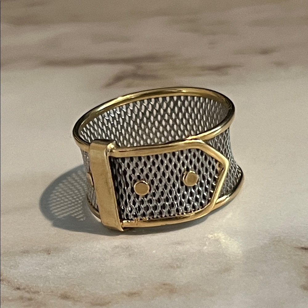 Solid 18K + Platinum Buckle Italian designer ring, size 6